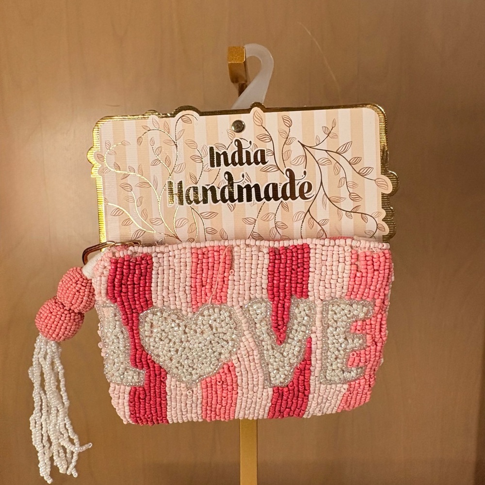 Handmade Pink and White Beaded Clutch